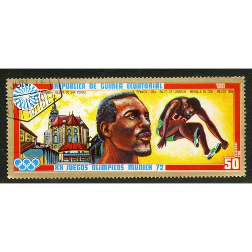 Timbre Oblitéré Republica De Guinea Ecuatorial, Xx Juegos Olimpicos Munich 72, Beamon Usa Salto De Longitud, Medalla De Oro Mexico 1968, 50 Ptas
