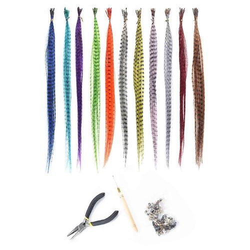 1set Feather Hair Kit Smooth Avec Crochet Crochet Léger Multicolor Hair Extensions Plumes Pour La Maison