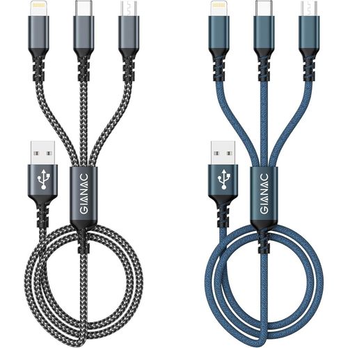 CLICKSELL-Câble Chargeur Multi Embout,3 En 1 Câble Universel [1.2M/Lot De 2] Câble Multi Chargeur De Chargement Avec Lightning+ Usb C+ Micro Connecteur Pour Iphone 13/12/11/Xs,Galaxy S21 S20,Huawei P