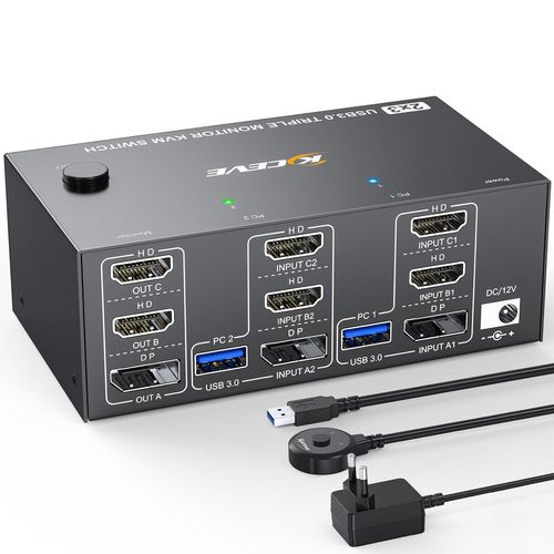 CLICKSELL-Commutateur Kvm 2 Pc 3 Moniteurs 8K @ 60Hz 4K @ 144Hz, Triple Moniteurs Displayport + 2 Commutateurs Kvm Hdmi Pour 2 Pc Sharing 3 Moniteurs Et 4 Appareils Usb 3.0 Avec Télécommande Par Câbl