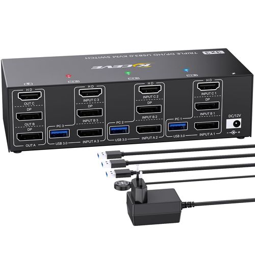 CLICKSELL-Kvm Commutateur Kvm 3 Pc 3 Moniteurs 8K @ 60Hz 4K @ 144Hz, Triple Écran Hdmi + 2 Displayport Commutateur Kvm Pour 3 Pc, 3 Moniteurs Et 4 Appareils Usb 3.0, Avec Bloc D'Alimentation 12 V Dc,