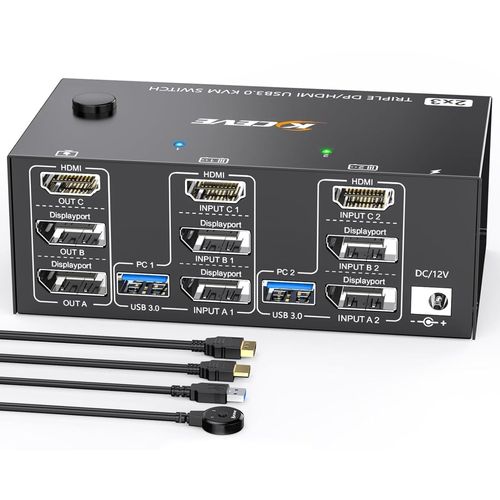 CLICKSELL-Switch Kvm 2 Pc 3 Moniteurs 8K@60Hz 4K@144Hz, Commutateur Kvm Triple Moniteur Displayport + Hdmi Et 4 Ports Usb 3.0 Pour 2 Pc Share 3 Moniteurs, Avec Alimentation 12 V Dc Et Télécommande Fi