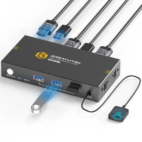 CLICKSELL-8K@60Hz Kvm Hdmi Switch 2 Ports,Usb 3.0 Commutateurs Kvm, Hdcp2.3,Hdmi2.1, Brancher 2 Pc Sur 1 Ecran,Avec 3 Ports Usb3.0, Avec Contrôleur De Bureau Filaire, Adaptive Edid