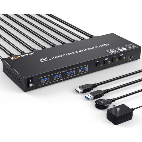 CLICKSELL-Commutateur Kvm Usb 3.0 Prise En Charge Hdmi 4 Ports 4K@60Hz, Simulation Edid, Commutateur Hdmi Pour 4 Ordinateurs Partageant 1 Moniteur Et 4 Ports Usb 3.0, Avec Contrôleur De Bureau Et Câb
