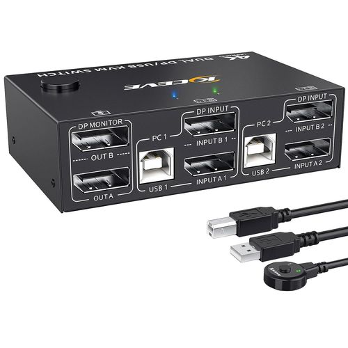 CLICKSELL-Commutateur Kvm Switch Displayport, 2 Pc 2 Ecran Affichage Étendu 4K@144Hz, Dp 1.4 Kvm Switch 2 Moniteur Pour 2 Ordinateurs À Partager Clavier Souris Sans Fil, 4 Port Commutateur Usb Avec 5