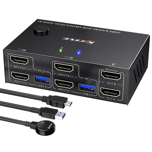 CLICKSELL-Hdmi Kvm Switch 2 Pc 2 Monitor 4K@60Hz 2K@144Hz, Simulation Edid, Commutateur Kvm 2 Écrans Pour 2 Pc Partageant 2 Monitor Et 4 Ports Usb 3.0,Souris Clavier, Télécommande Filaire Et 4 Câbles