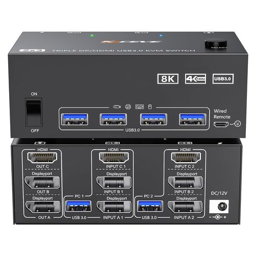 CLICKSELL-Kvm Switch 2 Pc 3 Monitor 8K@60Hz 4K@144 Hz, Hdmi + 2 Displayport Commutateurs Kvm 3 Ecran Pour 2 Ordinateurs Partagés 3 Moniteurs Et 4 Ports Usb3.0,Télécommande, Adaptateur 12V Et 5 Câbles