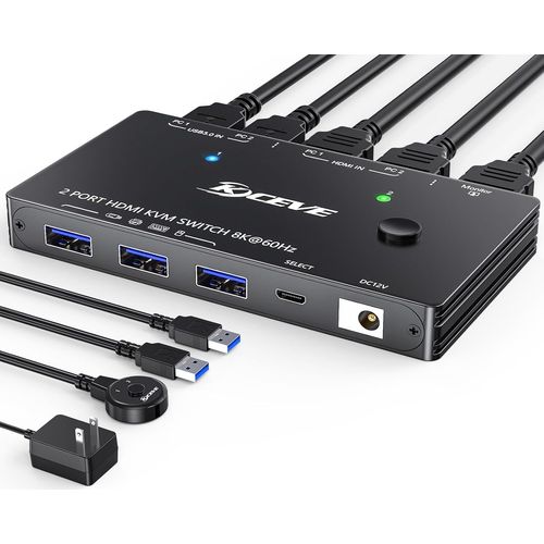 CLICKSELL-8K Commutateur Kvm Hdmi 8K@60Hz 4K@120Hz, Kvm Switch Hdmi Usb Pour 2 Pc Partageant 1 Monitor Et 4 Ports Usb 3.0 Clavier Souris, Hdcp 2.3, Hdr 10, Avec Contrôleur De Bureau Et 2 Câbles Usb 3