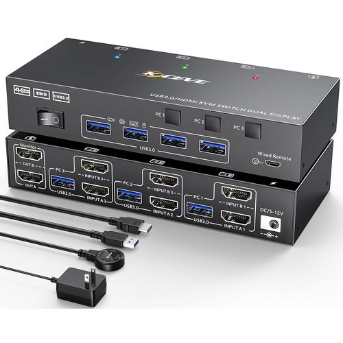 CLICKSELL-Usb 3.0 Kvm Switch Hdmi 3 Pc 2 Monitor 4K@60Hz 2K@144 Hz, Simulation Edid, Commutateur Kvm 3 Pc 2 Moniteurs Avec 4 Ports Usb 3.0 Pour Clavier Souris, Télécommande Par Câble Et Câble Inclus