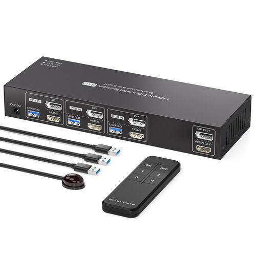 CLICKSELL-Displayport Hdmi Switch Kvm 3 Pc 2 Monitors 4K60Hz Commutateurs Kvm Switch 3 Pc Dual Monitor Dp 1.4 Pour 3 Ordinateurs Partageant 2 Moniteurs Et 4 Périphériques Usb 3.0 Avec Télécommande Ir