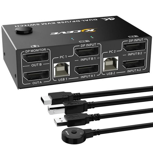 CLICKSELL-Commutateur Kvm 2 Pc 2 Moniteurs 8K @ 30 Hz, Commutateur Kvm Displayport 4K @ 144 Hz Pour 2 Pièces Pc, 2 Moniteurs Et 4 Périphériques Usb. Prise En Charge Étendue Et Mode Copie, Avec Bloc