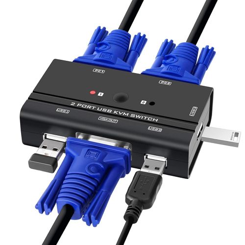 CLICKSELL-Commutateur Vga Kvm Switch, Commutateur Kvm Vga Et Usb 2 Port, Brancher 2 Pc Sur 1 Écran, 1080P, 3 Interface Usb 2.0 Pour Clavier, Souris, Imprimante, Disque U, Avec 2 Câble Kvm 2-In-1.