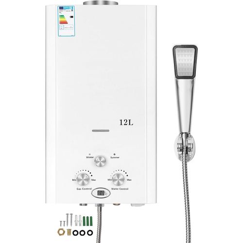 Chauffe-eau à Gaz 12L, 24kW Chauffe-eau Instantané à Gaz sans Réservoir, GPL, Propane, Butane, Démarrage Basse Pression, pour la Maison, Camping en Plein Air, Caravanes