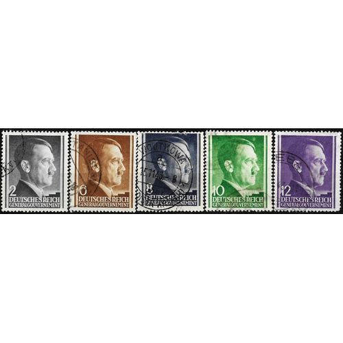 Pologne 1941 / 1943, Occupation Allemande, General Gouvernement, Beaux Timbres Yvert 82 À 86, Portrait Chancelier Hitler, Oblitérés, Tbe.