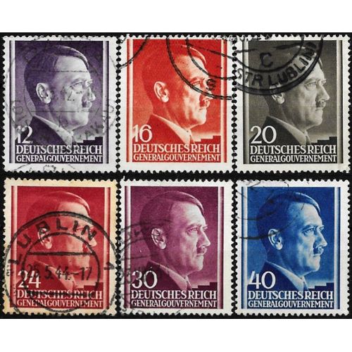 Pologne 1941 / 1943, Occupation Allemande, General Gouvernement, Beaux Timbres Yvert 87 88 89 90 92 Portrait Chancelier Hitler, Oblitérés, Tbe.