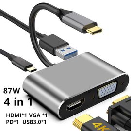 Adaptateur USB type-c vers HDMI 4K,VGA,USB 3.0,convertisseur Audio-vidéo PD 87W,chargeur rapide pour Macbook pro,Samsung s9 s10 - Type 4 in 1 hub 87w