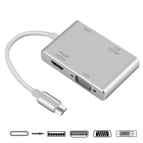 Adaptateur USB C vers 4K compatible HDMI-compatible,VGA,DVI,USB 3.0,concentrateur de type C pour S10 MacPlePro 2019,MacPleAir LenovoYoga,Dell XPS 13 - Type 4 IN 1