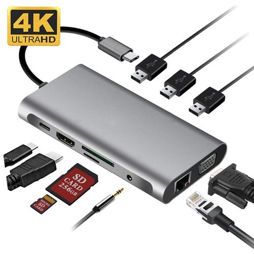 Adaptateur USB Type C HubTo,Compatible HDMI,4K,VGA,RJ45,Lan Ethernet SD,TF,PD,USB 3.0,3.5mm,Jack Audio Vidéo pour MacPlePro OTG