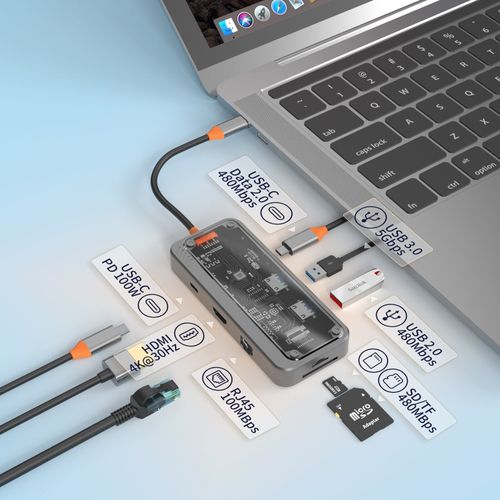Airies USB C 8 en 1 Type C 3.1 à Adaptateur HDMI-4K 5 Go RJ45 SD/TF Lecteur de Carte HUB USB 3.0 100W PD Charge Rapide pour Ordinateur Portable MacPle - Type SW8V #A