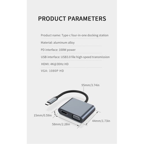 Gopala-airies/adaptateur USB C 4 en 1 avec sortie HDMI 4K,USB 3.0,VGA 1080P,100W PD pour MacPlePro/Air,Dell XPS - Type Grey