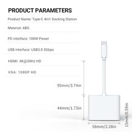 Gopala-airies/adaptateur USB C 4 en 1 avec sortie HDMI 4K,USB 3.0,VGA 1080P,100W PD pour MacPlePro/Air,Dell XPS - Type WHITE