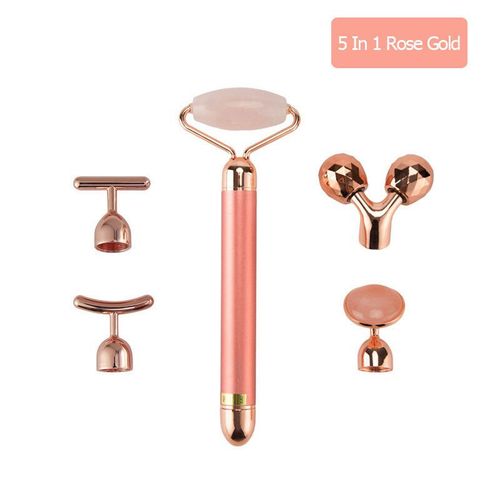 24k Or Beauté Barre Visage Masseur Électrique Vibrant Quartz Rose 3d Masseur Rouleau Visage Lifting Corps Visage Gua Sha Jade Rouleau - Type 5 In 1 Rose Gold