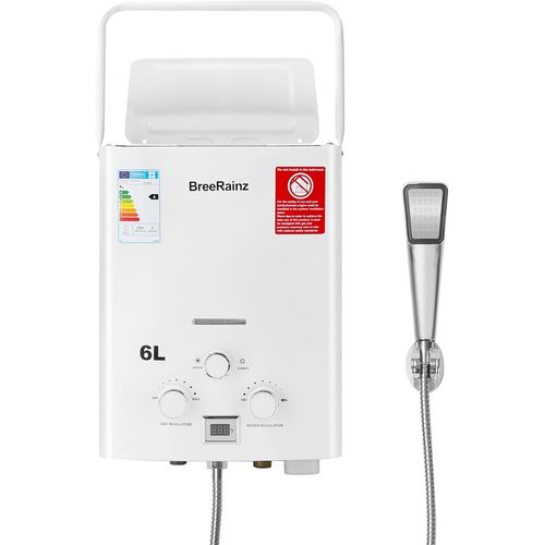 Chauffe-eau à Gaz Propane Butane LPG 6L 12KW, Chauffe-eau Sans Réservoir Avec Poignée Portable Pour Extérieur, Camping-car, Camping et Cabine, Blanc