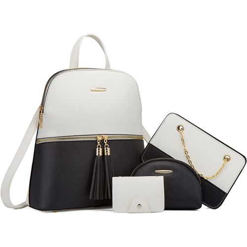 Sac À Dos Femme Elegant Sac À Dos Femme Pu Cuir Antivol Petit Sac De Voyage Scolaire 4 En 1 Ensemble Sac À Dos Sac Bandouliere Noir Et Blanc[H1724]
