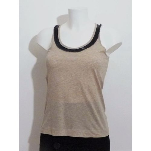 Top/ Tee Shirt Beige À Encolure Noir En Tissu Et Perles- Taille S- Escorpion
