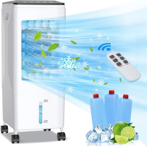 Climatiseur Mobile Silencieux 3 en 1 Rafraichisseur d'air Portable Ventilateur Humidificateur avec Roues et Réservoir D'eau 5.5L, 3 Vitesses, Télécommande, 1-7H Minuterie, pour Maison Bureau