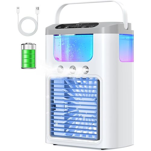 Climatiseur Mobile Portable Rafraichisseur d'air avec Batterie Rechargeable, 3 Vitesses, 3 Modes de Brume, Silencieux, 60° Oscillation, 600ML Réservoir, Lumière LED pour Camping, Bureau et Maison