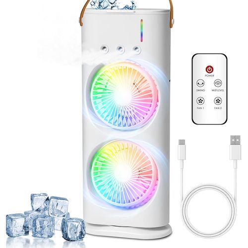 Climatiseur Portable 600ml, Climatiseur Mobile, USB Ventilateur, Refroidisseur d'air, Humidificateur, 3 Vitesses, 3 Modes de Brume, Mini Climatiseur Lumière Colorée, 120° Oscillation