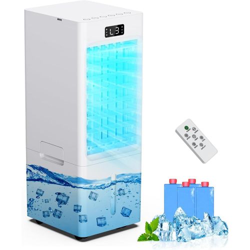 Climatiseur Mobile 4 en 1, Refroidisseur d'air, Humidificateur, Ventilateur, loniseur, Réservoir 6L, avec 1-12H Minuterie, 3 Vitesses 4 Modes, 4 Pack Glacons,Télécommande, pour Maison Bureau Chambre