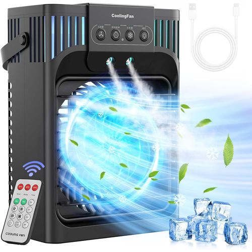 Climatiseur Mobile Silencieux avec Télécommande,1200 ML Mini Rafraichisseur d'air avec 3 Vitesses & 3 Brumes, 2-8H Timer,USB &7 LED,Petit Clim Mobile pour Chambre et Bureau(10W)
