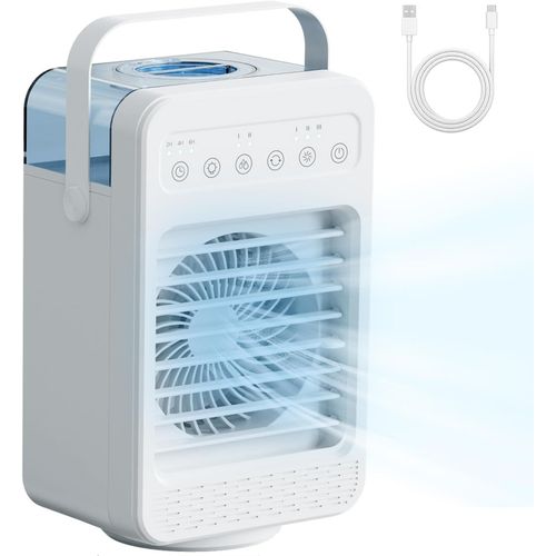 Ventilateur Climatiseur Mobile, mini Climatiseur Portable, Refroidisseur d'air 4 en 1 avec 70° Oscillation,4 Vitesses de Ventilateur, 2 Modes de Brumisation, Poignée, Chambre à Coucher, Bureau