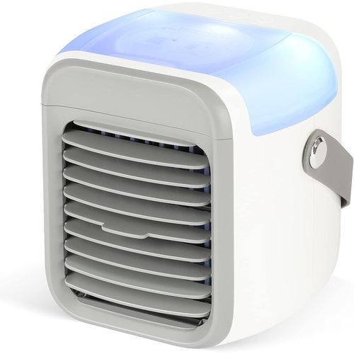 Climatiseur mobile 4 en 1, mini refroidisseur d'air USB, silencieux, avec réservoir d'eau, poignée portable, 7 lumières LED, 3 vitesses pour Chambre, Bureau,Camping, Barbecue (blanc)
