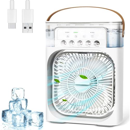 Climatiseur Portable, Climatiseur Mobile Silencieux 4 en 1, Refroidisseur d'air 500 ml, Ventilateur, Humidificateur, 3 Vitesses|Brumisation|7 LED Colorées|Minuterie,Pour bureau/Maison