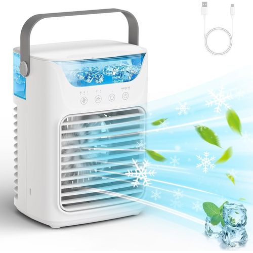 Climatiseur Portable, 650ML Refroidisseur d'Air par Evaporation avec minuterie de 2 à 6 h, 3 Vitesses, 2 Modes de Brumisation, Climatiseur Mobile Silencieux avec 7 LED Couleurs pour Maison