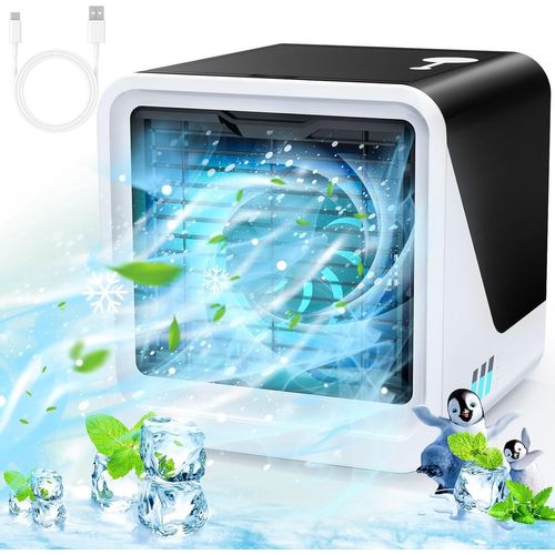 Climatiseur mobile 3 en 1 de type C, silencieux, réservoir d'eau de 500 ml, 3 vitesses, 7 couleurs, veilleuse, sans tuyau d'évacuation avec poignée, convient pour chambre à coucher, bureau