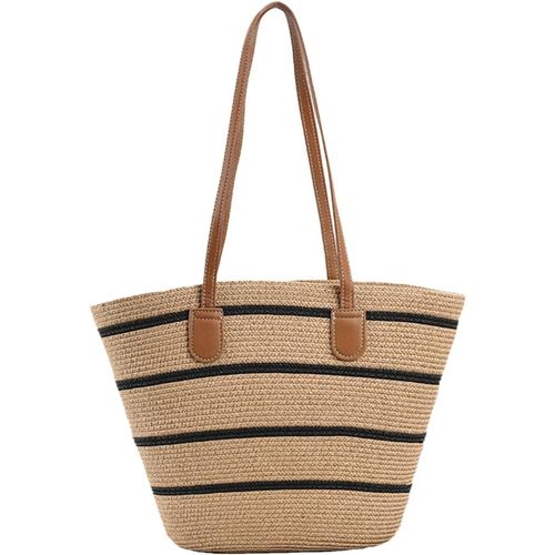 Sac À Main En Paille Sac De Plage Paille Sac Cabas Femme Sac Fourre Tout Été Sac A Main Panier Sac D'Épaule En Tricot Pour Voyage Vacances Coarse Stripes[H2656]