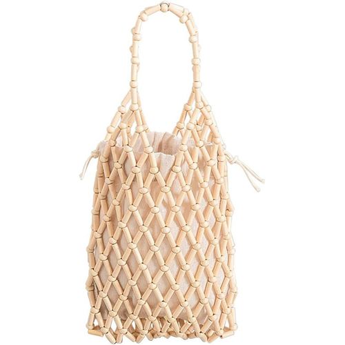 Petit Sac À Main Femmes Sac Fourre-Tout Tissé À La Main Sac Seau À Cordon Sac Fourre Bohème Bois Perles Sac De Plage Ajouré Sacs Cabas Avec Poche Intérieure Pour Vacances Voyage Plage Blanc[H3457]
