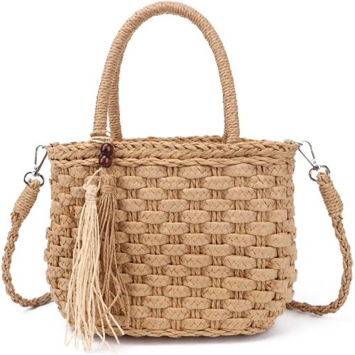 Sac À Main Panier En Paille Pour Femmes Filles Sac À Bandoulière Panier Pochette D'Été En Paille Sac De Plage Tissé Pour Vacances Voyages(Marron Clair 01)[H991]