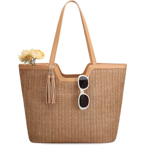 Sac Cabas Femme Plage Paille, Grand Sac À Main Fourre Tout D'Été Tissé Boho Recyclable Léger Avec Fermeture Éclair Pour Voyage Vacances[H1231]