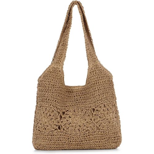 Sac Cabas En Raphia Tressé Femme Été Grand Léger Boho Sac De Plage Tressé Léger Sac Fourre-Tout Paille Tissé Pour Vacances(Marron)[H828]