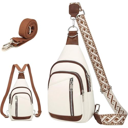 Sac De Poitrine Antivol Pour Femme Et Homme - En Cuir Synthétique - Sac À Dos 2 En 1 - Sac De Sécurité - Avec 2 Bretelles Amovibles - Petit Sac À Dos, Blanc Et Marron.[H1477]