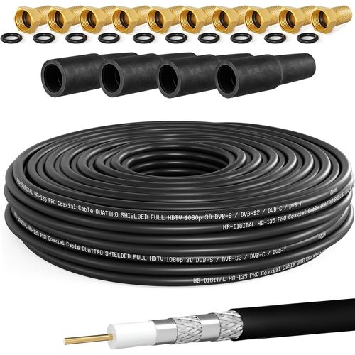 Câble coaxial SAT HQ135 PRO de 30 m avec 4 douilles en caoutchouc + 10 fiches F plaquées or gratuites | Câble d'antenne satellite quadruple blindage | Pour installations DVB-S/S2 DVB-C/C2