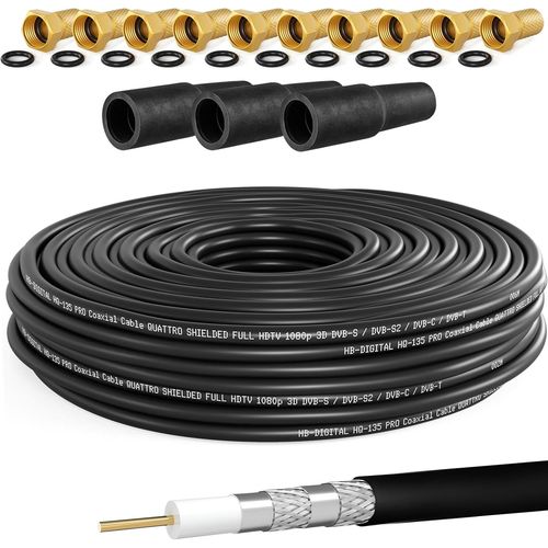 Câble coaxial SAT HQ135 PRO de 20 m avec 3 douilles en caoutchouc + 10 fiches F plaquées or gratuites | Câble d'antenne satellite quadruple blindage | Pour installations DVB-S/S2 DVB-C/C2