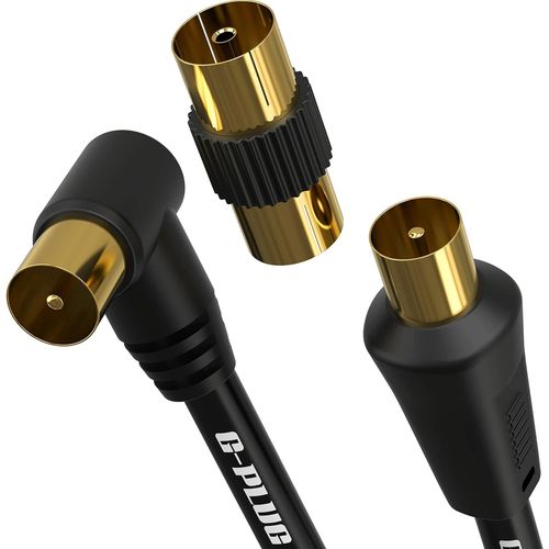 Câble d`Antenne TV 3m Angle Droit - Câble Coaxial Mâle-Mâle avec Adaptateur - Connecteurs RF Plaqués Or - Compatible Satellite, TNT, Décodeur, Sky Box.[J8]