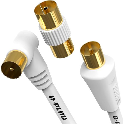 Câble d`Antenne TV 3m Angle Droit - Câble Coaxial Mâle-Mâle avec Adaptateur - Connecteurs RF Plaqués Or - Compatible Satellite, TNT, Décodeur, Sky Box.[J2]