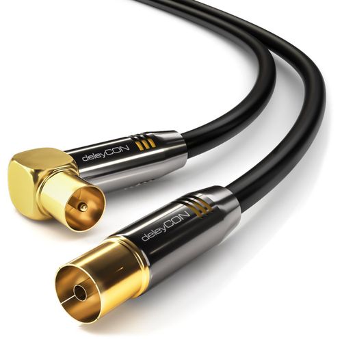 DeleyCON 1,5m Câble D'antenne Coaxial - Prise TV 90° Coudée vers Femelle Droit - HDTV Radio DVB-T2 Full HD - Connecteur Métallique - Noir